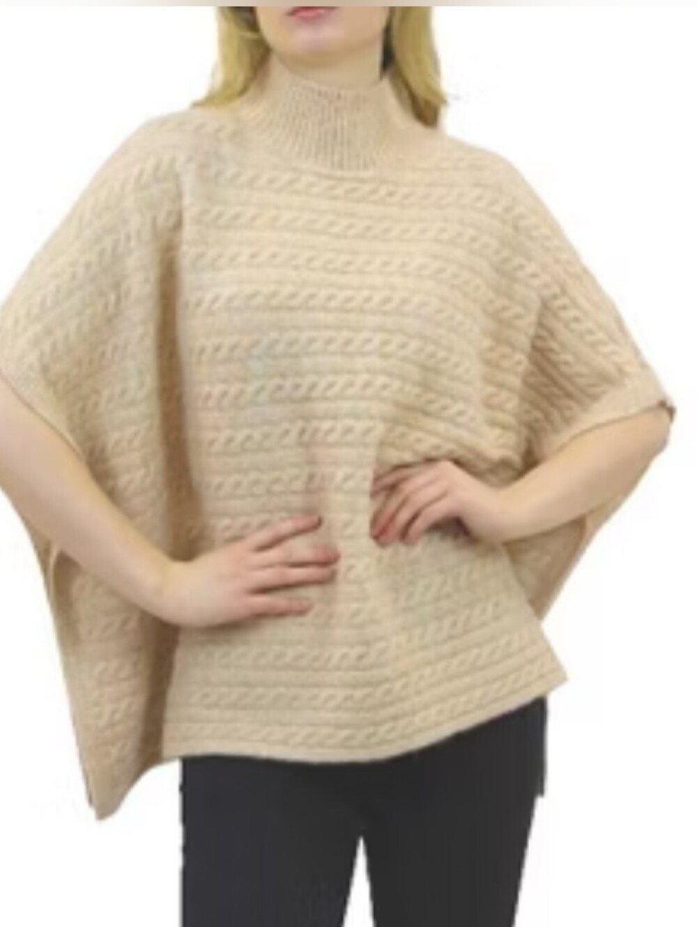 beachlunchlounge Sinclaire Wool Blend Beige Cable-Knit Mock Neck Poncho